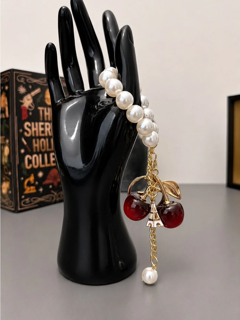 Cherry Pearl Bag Charm Keychain Gold Purse Charm Cute Gift for Her